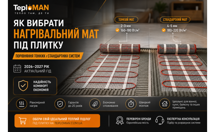 Як вибрати нагрівальний мат під плитку у 2026–2027 році: порівняння тонких і стандартних систем